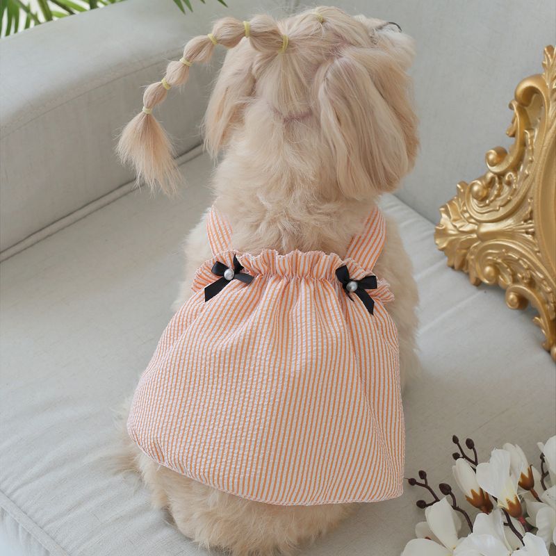 Haustier-Kleid mit gestreiftem Blasengitter, schwarzer Schleife und Perlenträger, Katzen- und Hundebekleidung, geeignet für alle Jahreszeiten, hautfreundlich und bequem_voghion.com