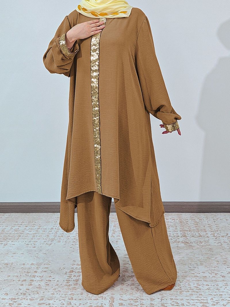 ​​Muslim Women's Modest Outfit – Solid Color Abaya Top & Wide-Leg Pants Set With Sequin Details | Elegant & Comfortable (2 Sophisticated Colors)​​_voghion.com
