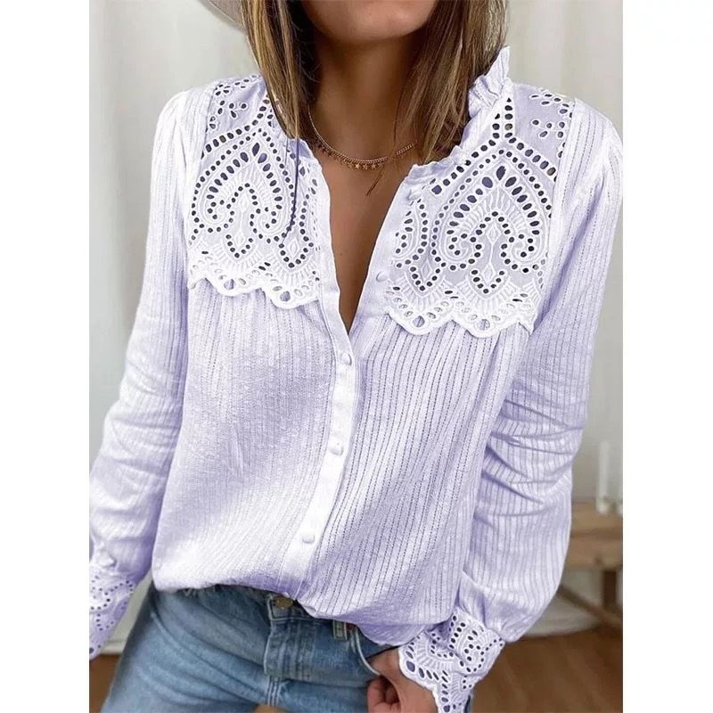Damenbekleidung Damenbluse mit Spitzenbesatz – fließendes Chiffonhemd mit V-Ausschnitt und langen Ärmeln für Freizeit- und Bürokleidung (Weiß, Rosa, Lavendel, Hellblau)​​_voghion.com