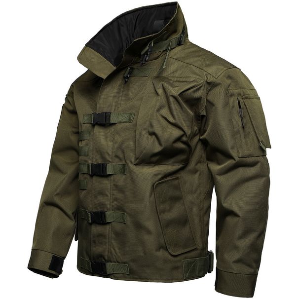 Tactical Biker Jacket For Men - Urban Commuter Windproof Nylon Blender Coat With Multi-Pocket Design (Army Green/Black/Khaki)_voghion.com