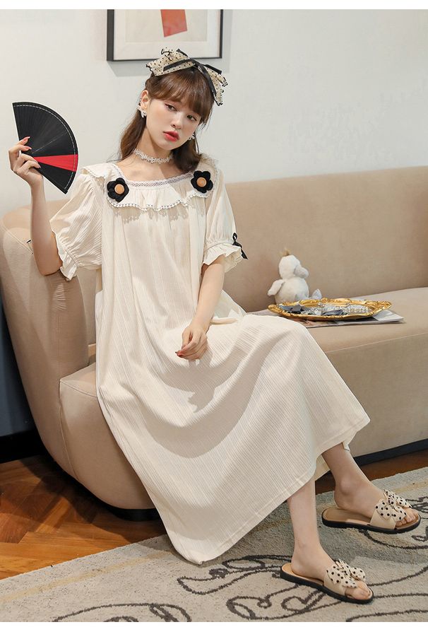 Sommar Ny Dam Sovkjol Dockkrage Pyjamas Långärmad Bomull Koreansk Söt Lös Vår/Sommar Hemkläder_voghion.com