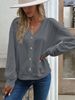 Women's solid color button-down V-neck loose long-sleeved T-shirt_voghion.com