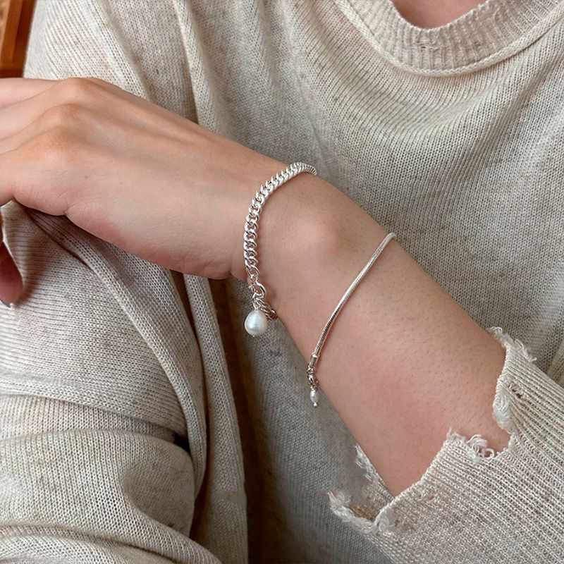 S Silver Cuban Chain Freshwater Pearl Sweet Cool For Women, Personalized Light Luxury Ins Style Niche Fashion Simple_voghion.com