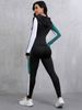Women'S 2pcs Color Block Athletic Set - High Stretch Fabric, Hooded & Leggings, Black/White/Teal Patchwork, All-Season_voghion.com