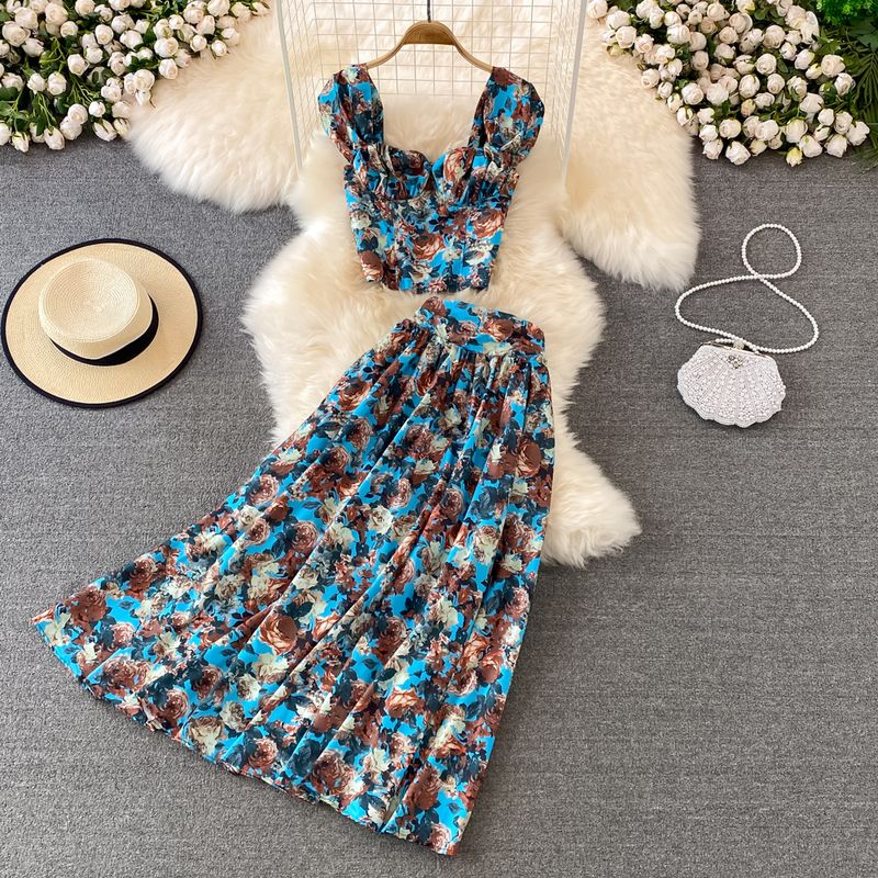 Damenbekleidung Modeset Damen Hoch tailliertes schlankmachendes mittellanges A-Wort-Blumenrock-Zweiteilerset_voghion.com