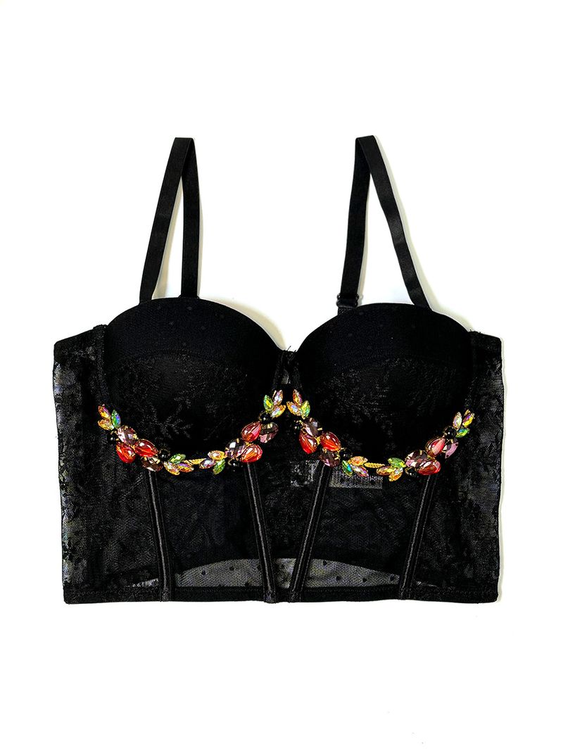 Black Lace Premium Out Corset Jeweled Floral Textured Inner Sexy Pure Lust Style Lingerie Bustier_voghion.com
