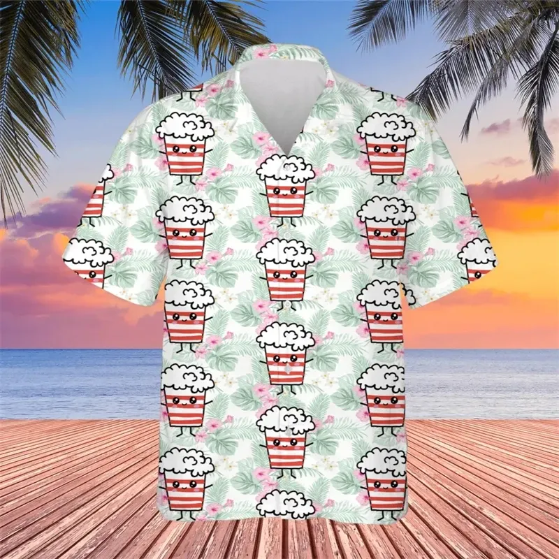 Camicette da donna con grafica a popcorn, divertenti spuntini, riso soffiato, per uomo, camicia hawaiana kawaii da spiaggia, camicetta con risvolto a forma di cartone animato_voghion.com