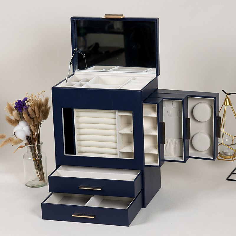 Luxury PU Leather Jewelry Box With 5 Drawers - Gold Trim Display Case For Watches & Rings_voghion.com
