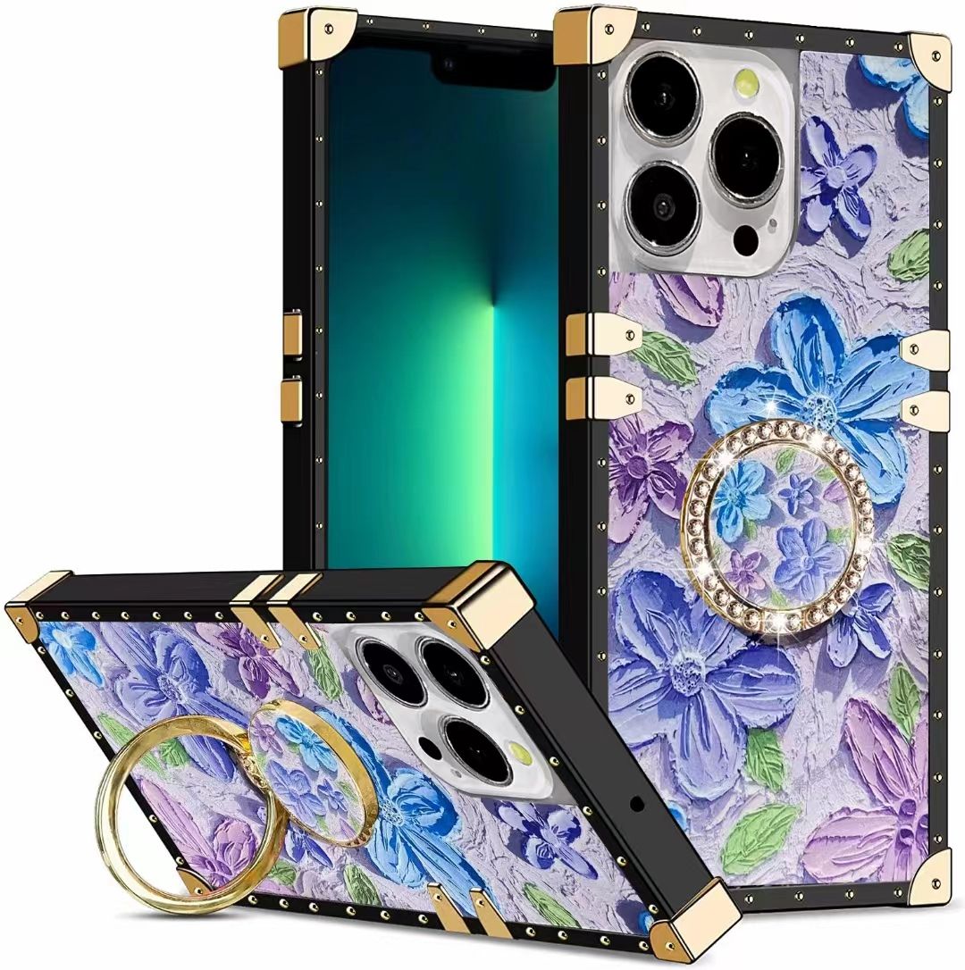 Voor iPhone 11 12 13 14 15 Pro Max Plus Luxe Bloemen Diamanten Ringhouder Stand Vierkante Telefoonhoes_voghion.com