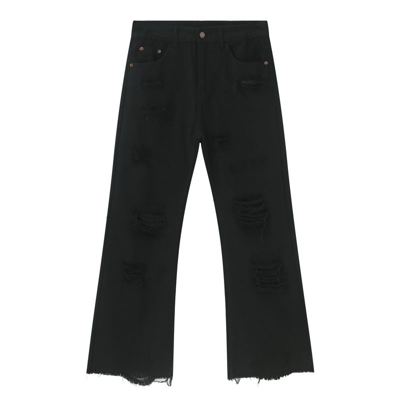 EF JEANS | 2024 New Product, High Street Ruffian Handsome Pure Black Multi-hole Casual Micro-pull Slim Jeans For Men And Women_voghion.com