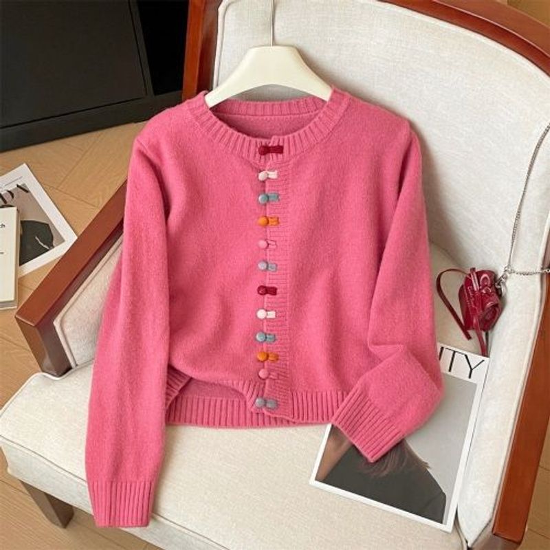 【 Cashmere Family 】 Rundhals-Woll-Cardigan-Jacke für Damen, lockerer, dicker, weicher und klebriger Strickpullover für Oberbekleidung,_voghion.com