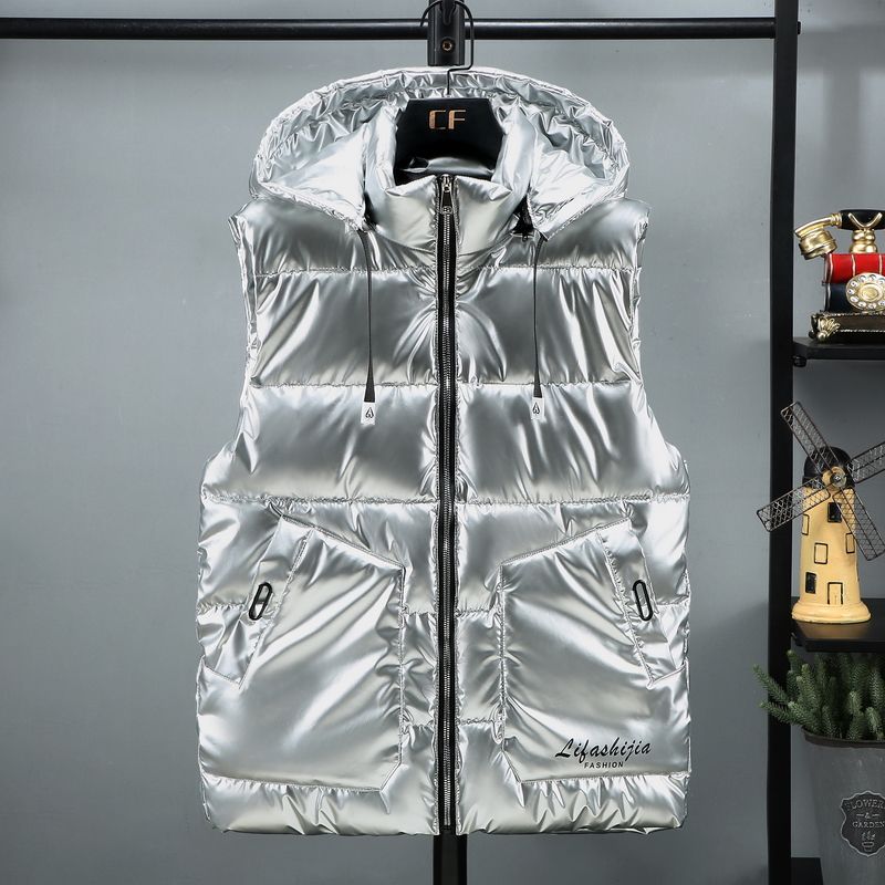 Men's Autumn and Winter Bright Coat Down Cotton Sweetheart Tank Top with Warm Shoulders Korean Version Trend Wearing_voghion.com