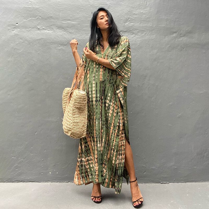 Women's Clothing Bohemian Tie-Dye Rayon Beach Cover Up Dress - Loose Fit Long Robe For Swimwear, Sun Protection & Casual Wear​_voghion.com