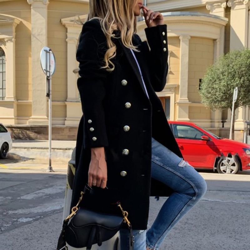 ​​Zweireihiger Trenchcoat aus Wolle für Damen – Slim Fit Langer Mantel (S-XXXL, Schwarz/Gelb)​​_voghion.com