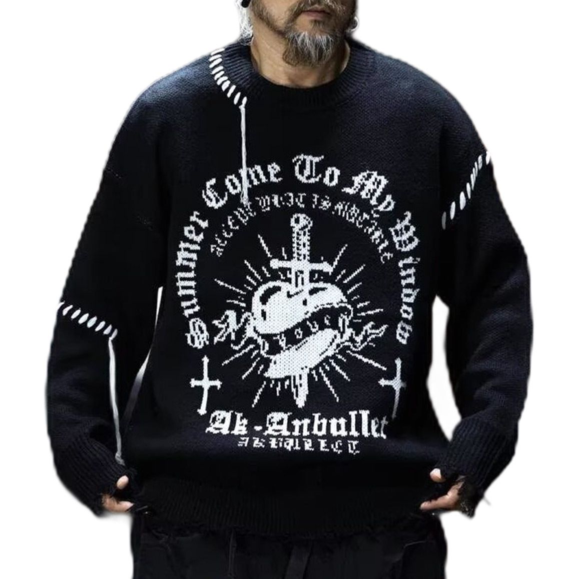 Herren-Strickpullover mit Rissen in europäischen Größen – Oversized-Pullover mit Kordelzug, trendige Streetwear in dunklen Tönen (Schwarz/Grau)_voghion.com