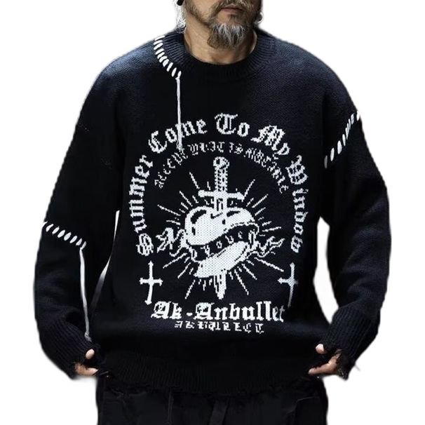 Herren-Strickpullover mit Rissen in europäischen Größen – Oversized-Pullover mit Kordelzug, trendige Streetwear in dunklen Tönen (Schwarz/Grau)_voghion.com