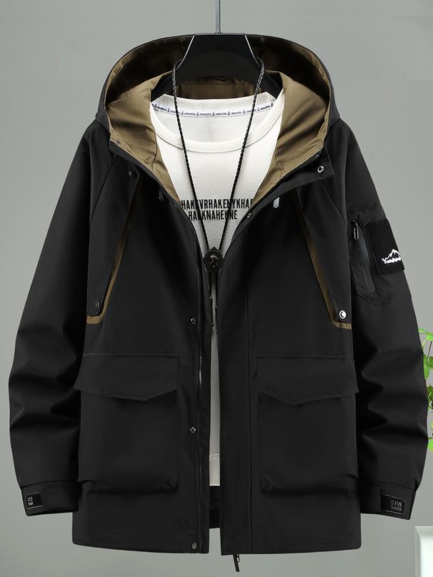 Übergroßer Utility-Trenchcoat für Herren – Lange Arbeitsjacke mit abnehmbarer Kapuze und Kontrastnähten (Schwarz/Grün, 4XL-11XL)_voghion.com