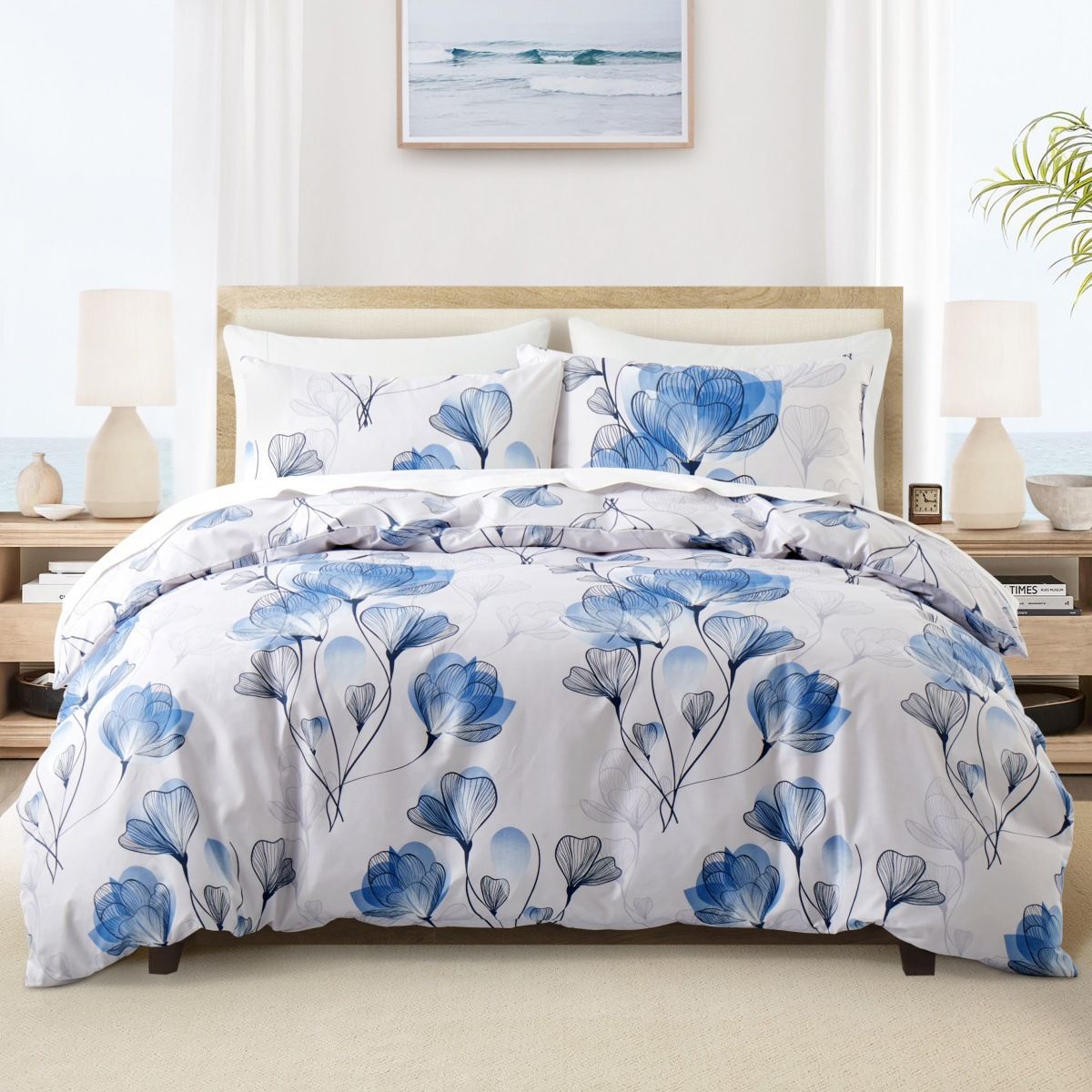 Blue Floral Duvet Cover Set - 3-Piece Luxury Bedding Set, Soft & Breathable Cotton, Elegant Garden Design For Modern Bedrooms (Queen/King Size)_voghion.com