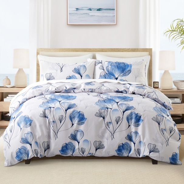 Blue Floral Duvet Cover Set - 3-Piece Luxury Bedding Set, Soft & Breathable Cotton, Elegant Garden Design For Modern Bedrooms (Queen/King Size)_voghion.com
