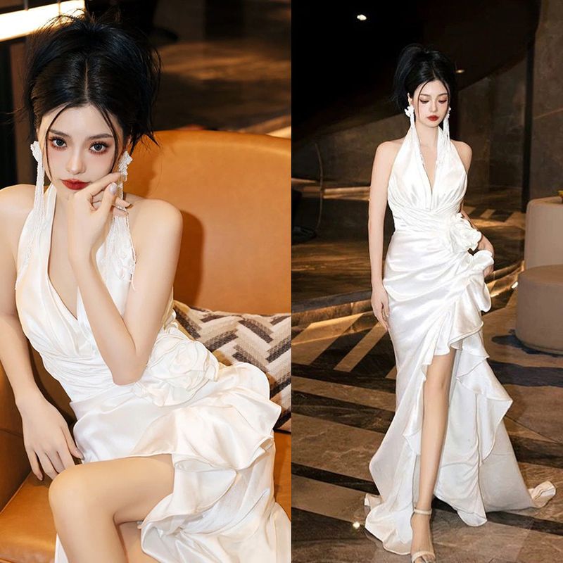 Robe de mariée blanche courte devant, longue derrière, petite queue, robe de mariée, robe du matin, robe de fête d'anniversaire, robe queue de poisson_voghion.com