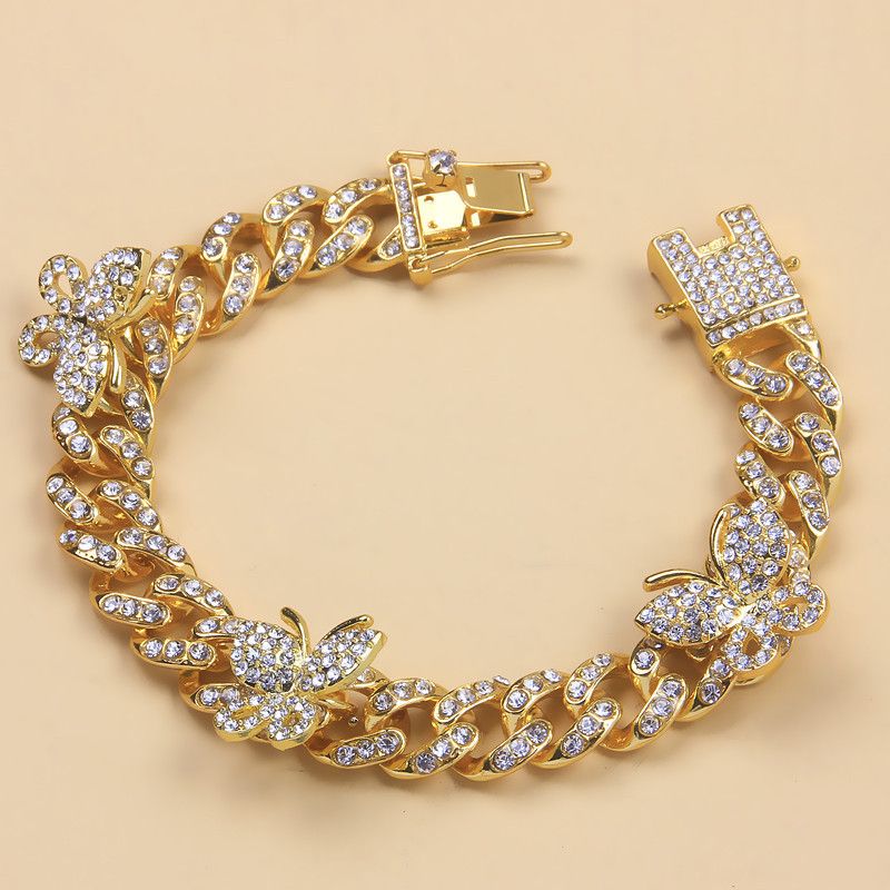 Cavigliera con fibbia cubana a 3 farfalle, in stile punk, micro-intarsiata, hip-hop_voghion.com