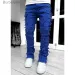Herren Skinny Fringe Hip-Hop R Edge Elastischer Patch Punk Rock Lange enge Passform Gestapelte Jeans Denim Hose Blau Rosa_voghion.com