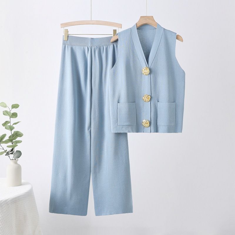 Ensemble haut en tricot et pantalon large pour femme – Pantalon sans manches boutonné et fluide – Taille unique_voghion.com