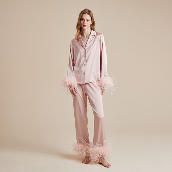 Elegant French-Style Silk Pajama Set For Women - Detachable Feather Cuffs & Ankles, Long Sleeve & Pants, Soft & Breathable_voghion.com