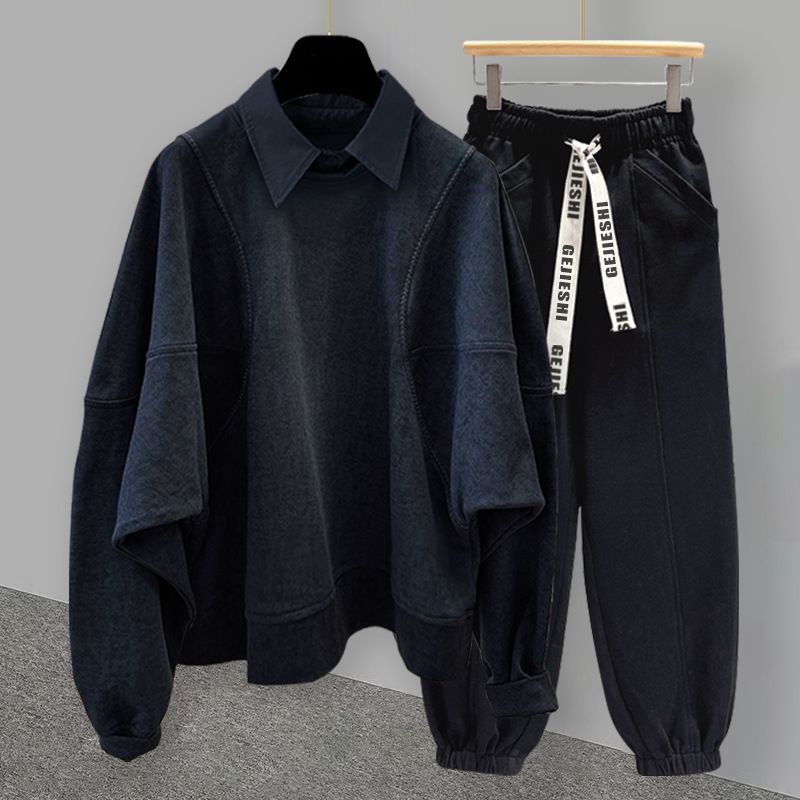 Men's Clothing Autumn and Winter Loose Casual Open Stitching Sweater Suit Men's Korean Version Youth Bat Sleeve Lapel a Complete Set Of Wear_voghion.com