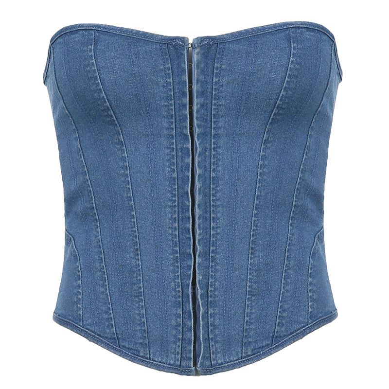 Women's Clothing Sexy Girl Solid Color Single Button Irregular Collar Denim Corset Top_voghion.com