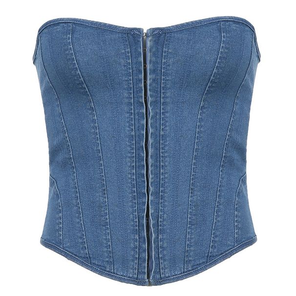 Women's Clothing Sexy Girl Solid Color Single Button Irregular Collar Denim Corset Top_voghion.com