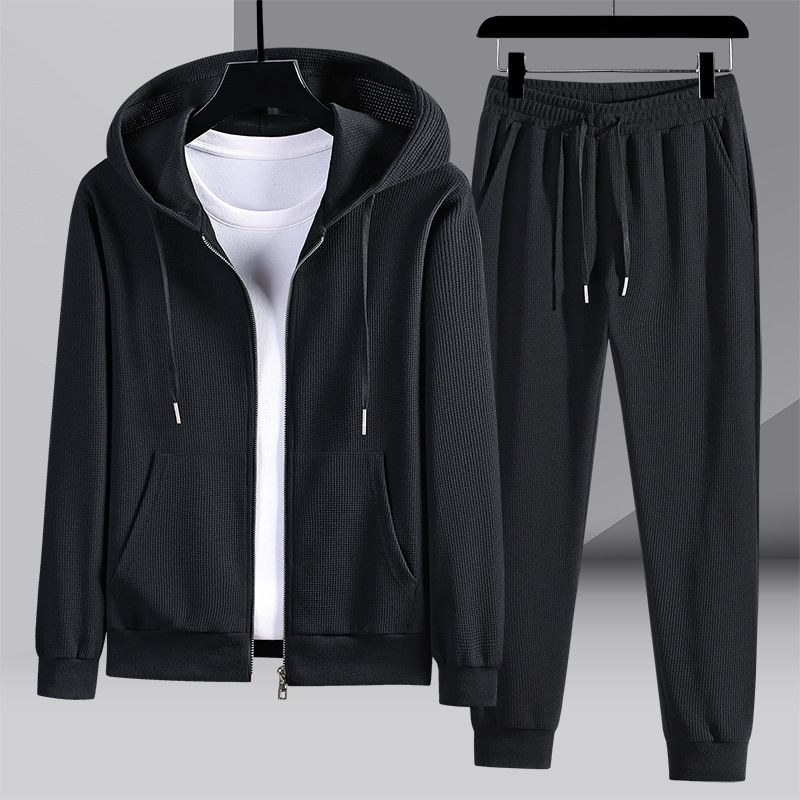 Herrenbekleidung Sportanzug Waffel Paar Kapuzensportbekleidung Einfarbig Große Größe Strickjacke Zweiteiliges Set_voghion.com