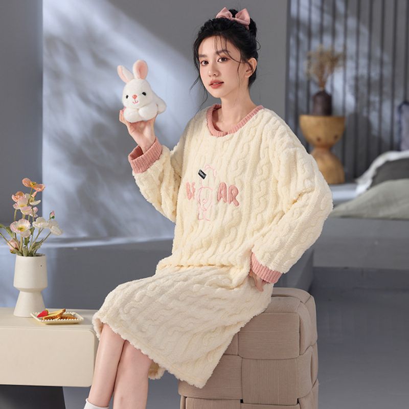 2024 New Korean Pajamas for Women Autumn and Winter Sweet Cartoon Long Sleeve Medium length Loose Sleeping Skirt Can be_voghion.com