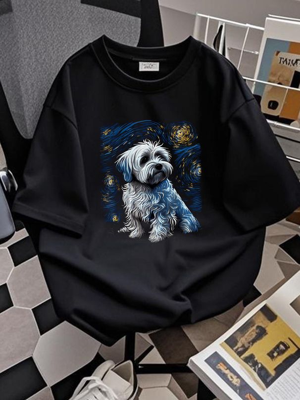 T-shirt unisexe style Van Gogh, motif La Nuit étoilée avec un Havanais, tailles S à 5XL, respirant, extensible et élégant._voghion.com