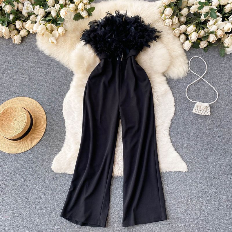 High-End-Nischendesign Pelziger Tube-Top-Jumpsuit Damen Sommer Neue lockere gerade Hose mit weitem Bein_voghion.com