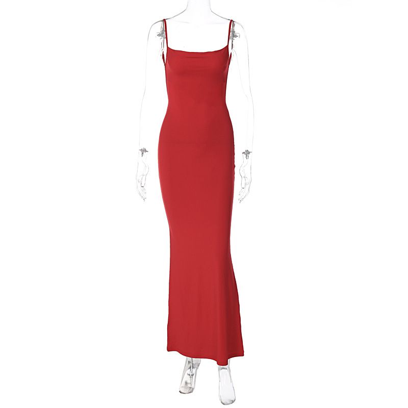2023 Frühling/Sommer INS Damenmode New Sexy Slim Fit Open Back Strap Solid Color Kleid für Frauen_voghion.com