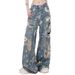 Women's Clothing Retro Printed Ripped Jeans Women's Loose Straight Leg All Match Mopping Wide Leg Pants_voghion.com