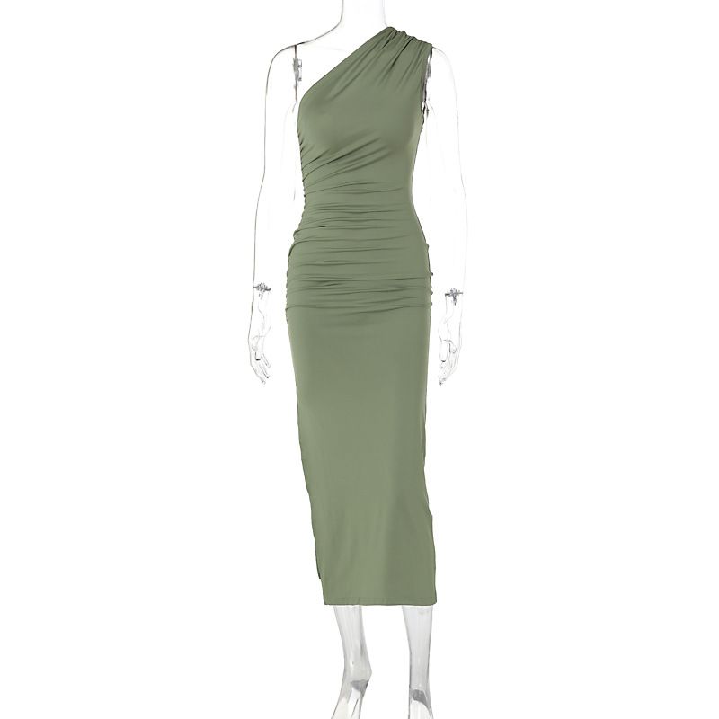 European and American style cross border 2024 summer new style oblique shoulder solid color slit sleeveless pure desire sexy temperament slim dress_voghion.com