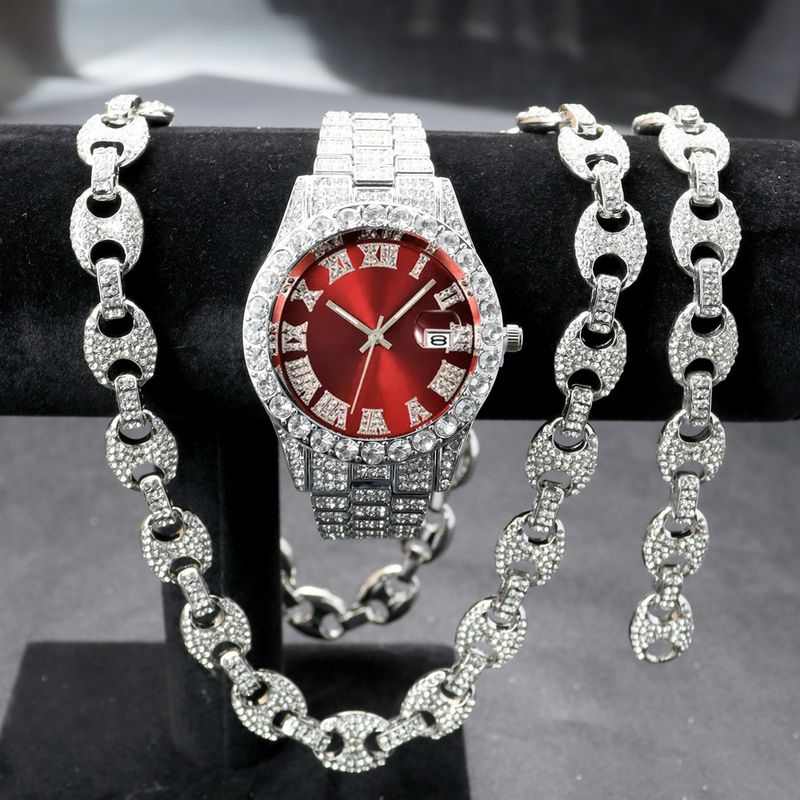 Full Diamond Hip Hop Watch Character Cuban Bracelet Necklace Set Roman Scale Calendar Quartz Watch_voghion.com
