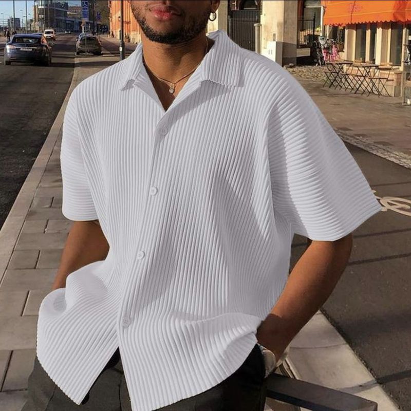 Vêtements pour hommes Nouveau style Chemise ample pour hommes Chemise décontractée pour hommes Mode de rue Haut rayé de plage hawaïenne_voghion.com