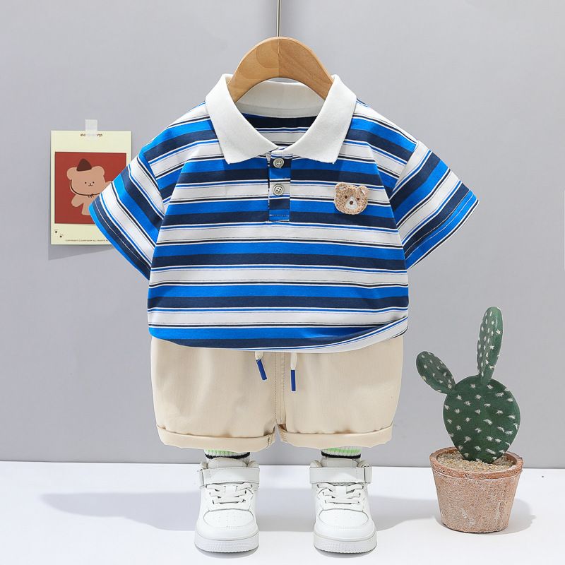 Randig broderad nalle för barn med kort ärm, trendiga 1-4 år gamla nya sommarkläder för pojkar 2024_voghion.com