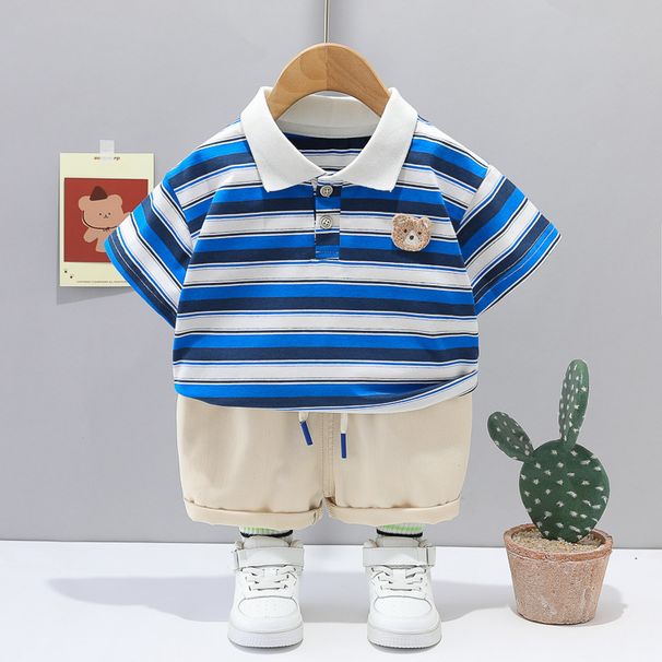 Randig broderad nalle för barn med kort ärm, trendiga 1-4 år gamla nya sommarkläder för pojkar 2024_voghion.com