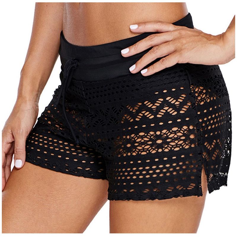 2025s 2025 Black Jacquard Lace Women's Four-Corner Set Beach Casual Vacation Shorts_voghion.com