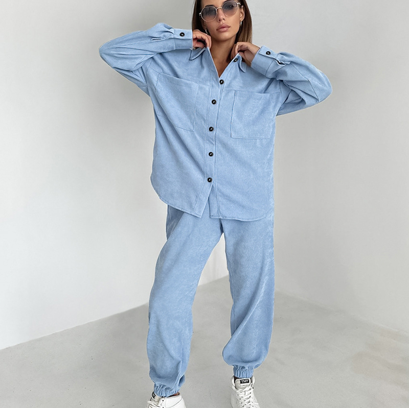 Camicia da donna a maniche lunghe, pantaloni alla caviglia a vita alta, set da due pezzi_voghion.com