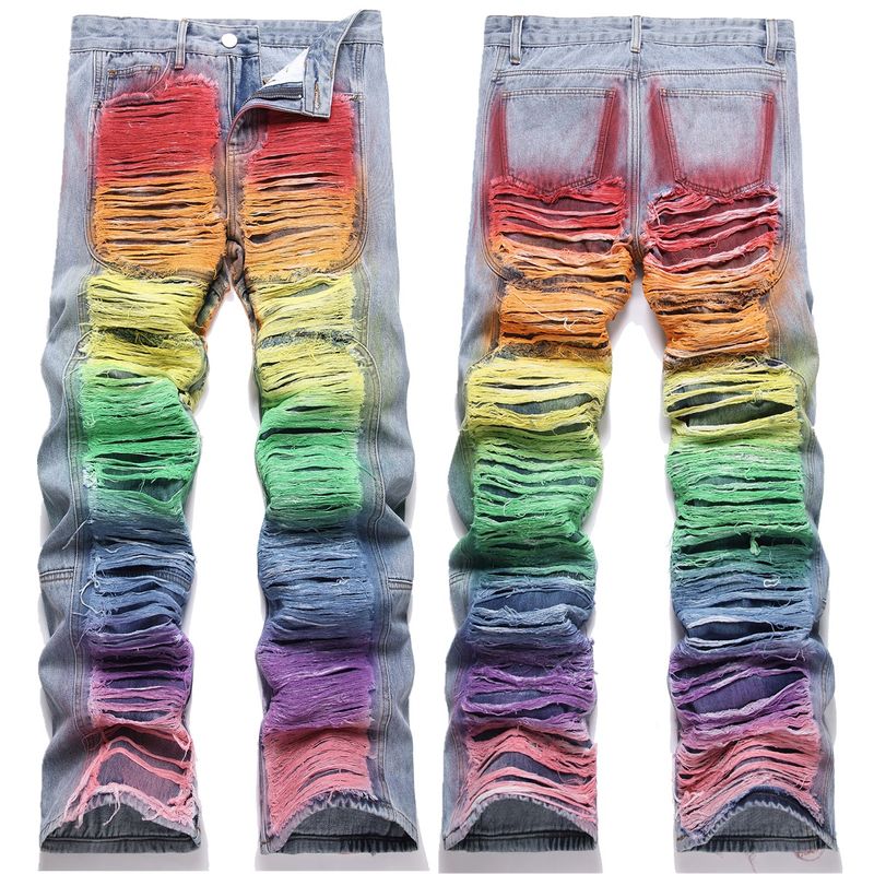 Spot Street Style Loose Straight Hand Painted Colorful Rainbow Youth Men's Street Personality Casual Cool Straight Pants_voghion.com