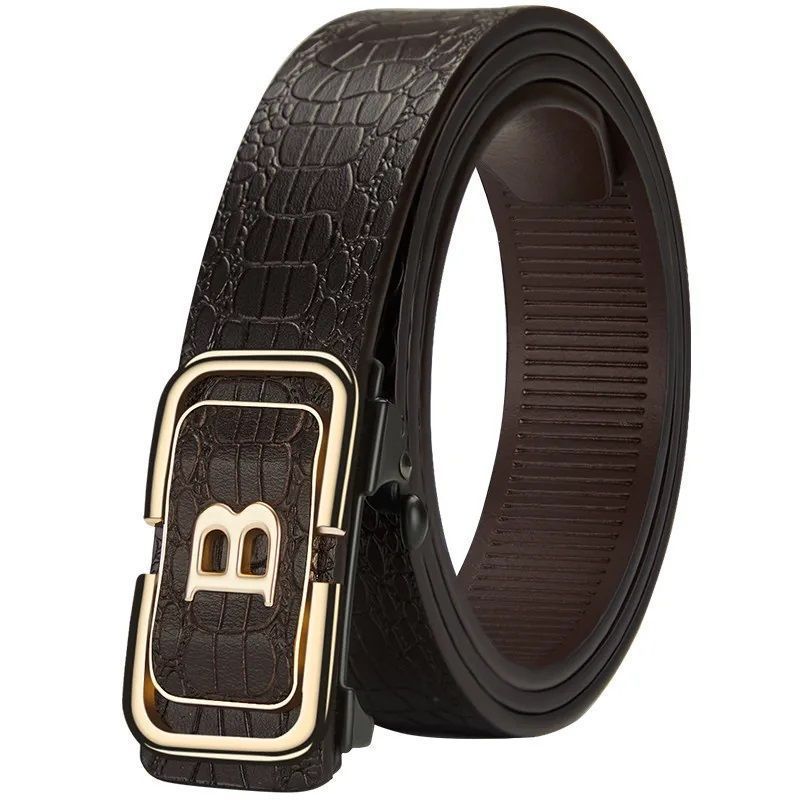 Men's Belts New Crocodile Pattern Men's Belt Genuine Leather Pure Cowhide Toothless Automatic Buckle Business All Match Casual Belt Letter Buckle_voghion.com