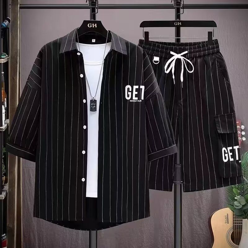 Férfi csíkos ing Férfi ötpontos rövid ujjú csinos dzseki Férfi ruházat szett csinos rövidnadrággal Alkalmi öltöny_voghion.com
