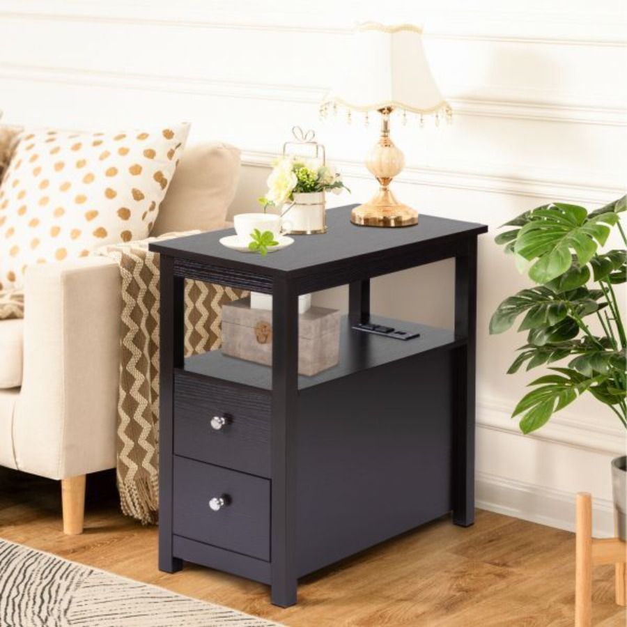 Table Transitional With USB Storage Wooden Cabinet Nightstand Bedside 2Drawer End Table Station HomeKitchen Charging_voghion.com