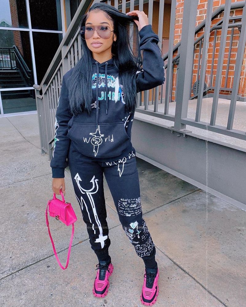 Women's fashion letter print casual two-piece hoodie set_voghion.com