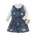 Mutter & Kinder Kinderkleidung Mädchen Einfarbig Hoher Kragen Langarm Top Denim Offene Tasche Plissee Pelz Bart Mittellanger Rock Anzug_voghion.com